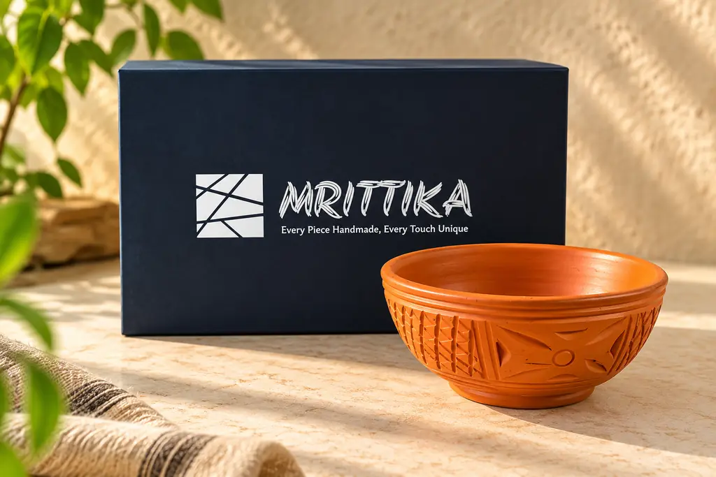 A carved terracotta bowl in front of a navy Mrittika gift box printed with the logo and the line “Every Piece Handmade, Every Touch Unique”.