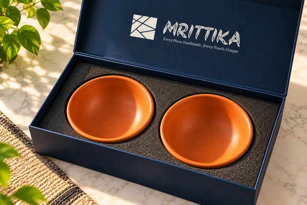 An open navy Mrittika gift box seen from above, the logo inside the lid and two terracotta bowls set into a fitted foam insert.