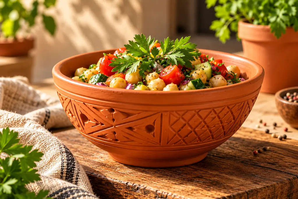 A carved terracotta bowl filled with chickpea salad and parsley on a wooden table in warm sunlight.
