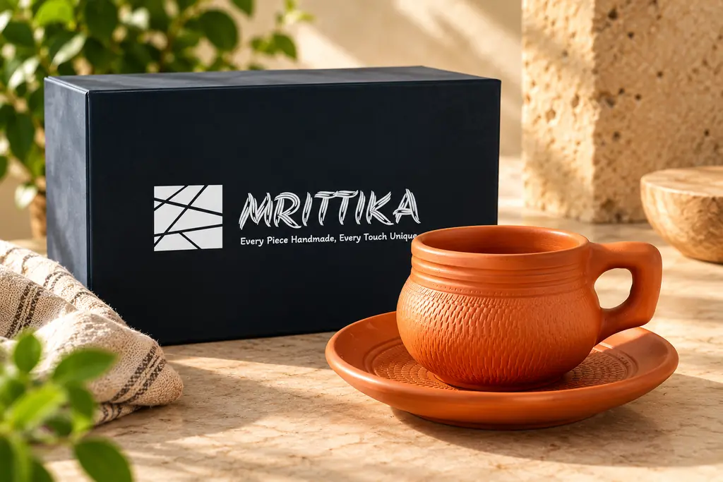 A Mrittika terracotta cup and saucer beside its closed navy gift box.