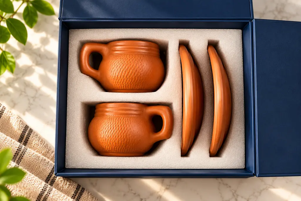 An open navy Mrittika box from above holding two textured terracotta cups and two saucers in a fitted ivory insert.