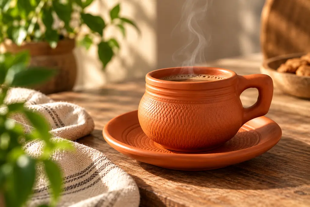 A handmade terracotta cup of steaming tea resting on its saucer on a sunlit wooden table.