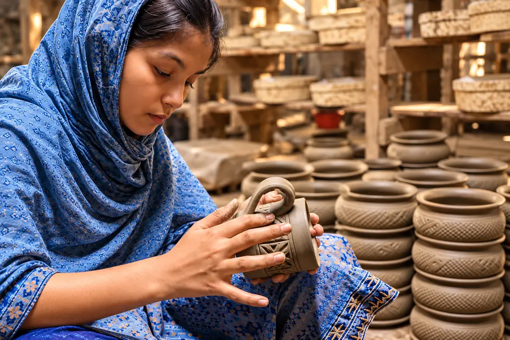 An artisan in a blue patterned scarf carving a design into an unfired cup, rows of carved vessels around her in the workshop.