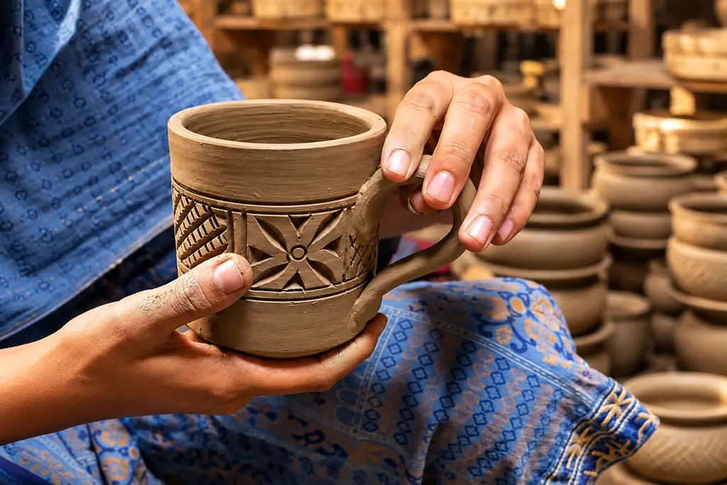 Close view of hands holding an unfired cup with a carved flower and lattice band.
