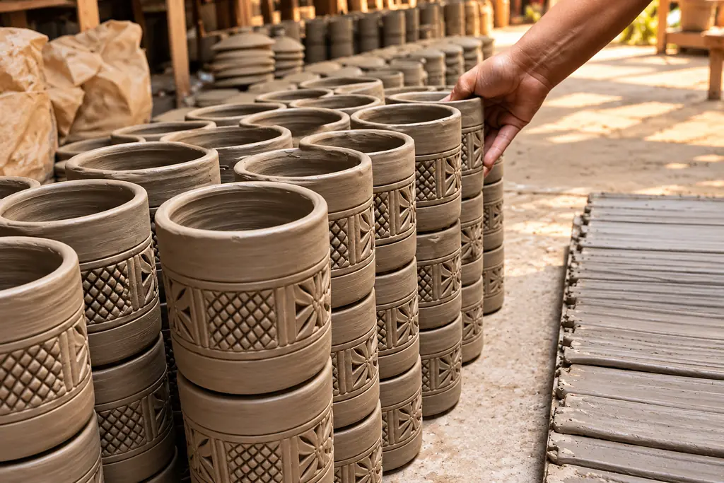 A hand arranging rows of carved, unfired clay cups stacked in columns outdoors.