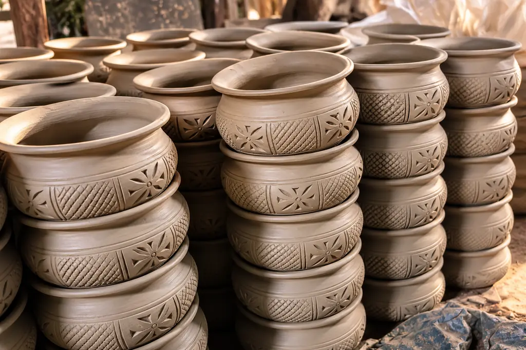 Tall stacks of carved, unfired clay pots lined up in the workshop yard.
