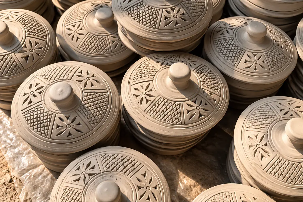 Stacks of unfired clay lids carved with flower and lattice patterns, seen from above.