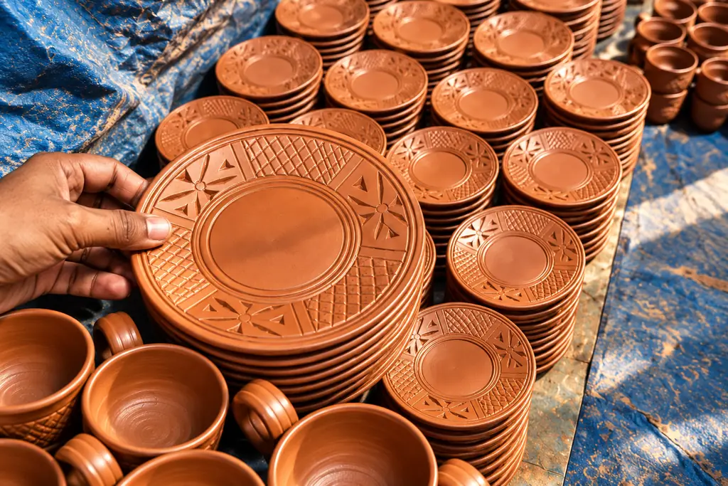 A hand lifting a fired, carved terracotta saucer from stacks of saucers and cups laid out on a blue tarp.